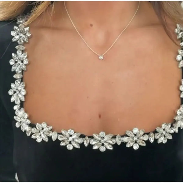 Women's Elegant Square Neck Long-sleeved Dress With Flowers Rhinestone Design