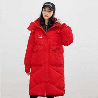 Buy red Detachable Hat Cotton Coat Over The Knee Padded Down Jacket