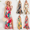 V-neck Floral Print Long Dress Summer Fashion Waist Tie Slit Design Sleeveless Dress