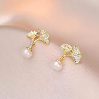 Buy ginkgo-leaf-earrings Micro Inlaid Zircon Plated 18K Elegant Sweet Pearl