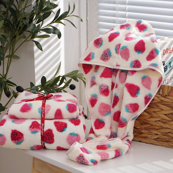 Coral Fleece Strawberry Towels Suit