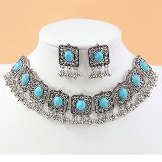 Buy b9033-sky-blue Indian Ethnic Style Vintage Gemstone Beads Jewelry Earrings Necklace 2 Pieces Suit