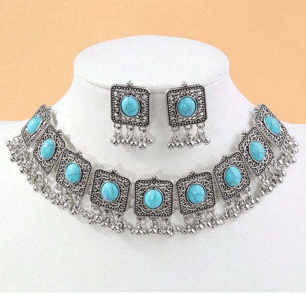 Indian Ethnic Style Vintage Gemstone Beads Jewelry Earrings Necklace 2 Pieces Suit