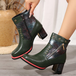 Buy green Autumn Winter Retro Stitching Chunky Heel High Heel Short Martin Boots