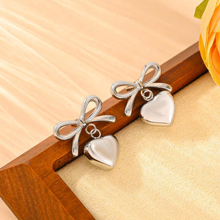 Buy g708-steel-ear-studs Stainless Steel Peach Heart Bow Necklace Ear Stud Ornament Suit