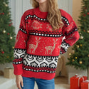 Christmas Casual Red Deer Jacquard Women's Long-sleeved Round Neck Sweater