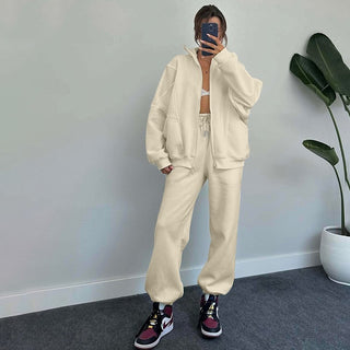 Buy apricot Sports Suits With Pockets Stand-up Collar Zipper Cardigan And Drawstring Trousers Fashion Jogger Set Outfits Tracksuits Women&#39;s Clothing