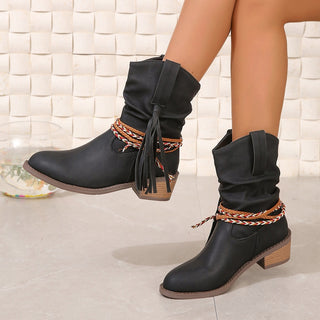 Buy black Women&#39;s Autumn And Winter Pleated Tassel High Heel Mid-calf Length Loose Socks Boots