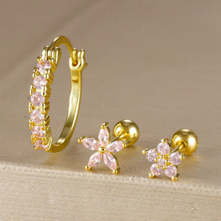 Buy y26269-gold-pink-3pcs Gold Plated Diamond Earrings Micro Inlaid Zircon