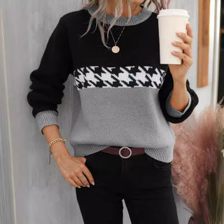 Contrast Color Pullover Round Neck Knitted Sweater Fashion Geometry Pattern