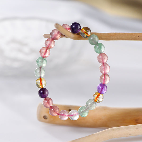 Natural Strawberry Quartz Round Beads Single Circle Bracelet Rainbow Color