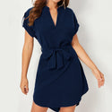 Women V-neck Short Sleeve Dress With Belt