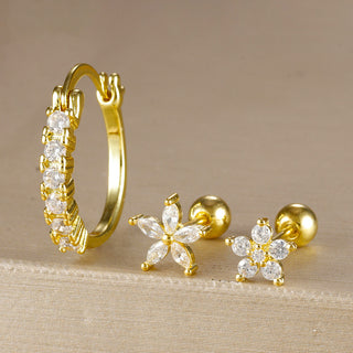 Buy y26269-gold-white-3pcs Gold Plated Diamond Earrings Micro Inlaid Zircon