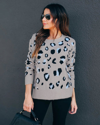 Buy gray Women&#39;s Sweater Leopard Print Knitwear Base Clothing Sweater