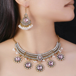 Buy b9029-pink Indian Ethnic Style Vintage Gemstone Beads Jewelry Earrings Necklace 2 Pieces Suit