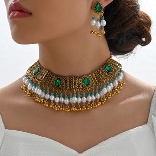 Buy n6589 Indian Ethnic Style Vintage Gemstone Beads Jewelry Earrings Necklace 2 Pieces Suit