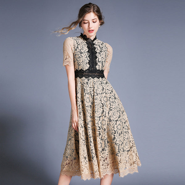 New European And American Style Hook Flower Hollow Stitching Lace Dress