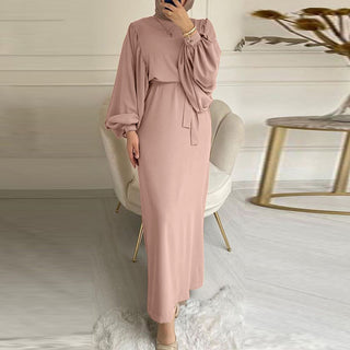 Buy pink Solid Color Long Sleeve Casual Muslim Dress Robe Robe Dress