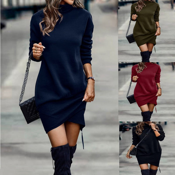 Long Sleeve Dress Solid Color High Neck Cross Short Dress