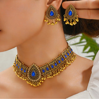 Buy b9027-blue Indian Ethnic Style Vintage Gemstone Beads Jewelry Earrings Necklace 2 Pieces Suit