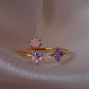 Retro Multi-element Cute And Sweet Pink Heart-shaped Butterfly Flower Open Ring