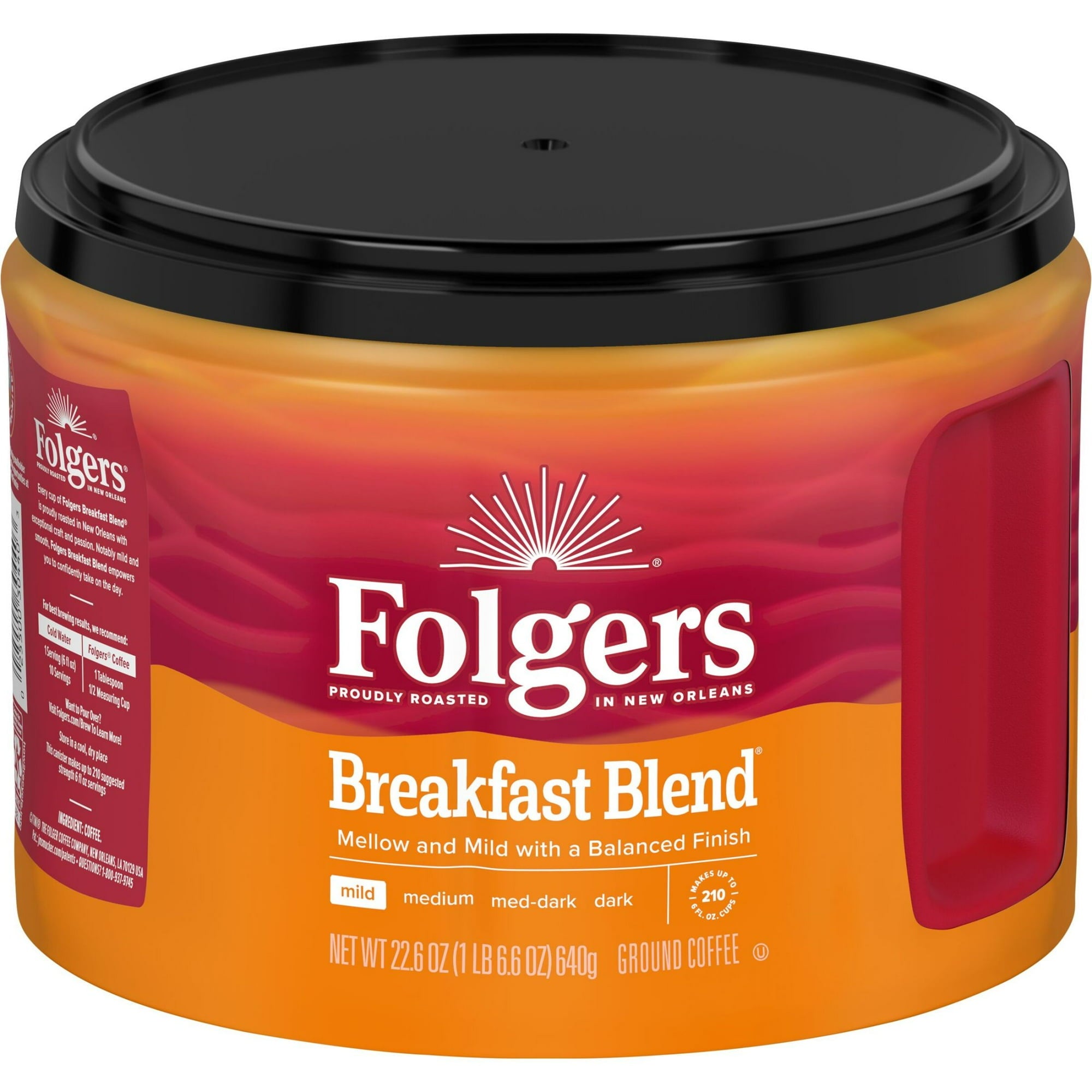 Folgers Breakfast Blend Ground Coffee, Mild Roast, 22.6 oz Canister