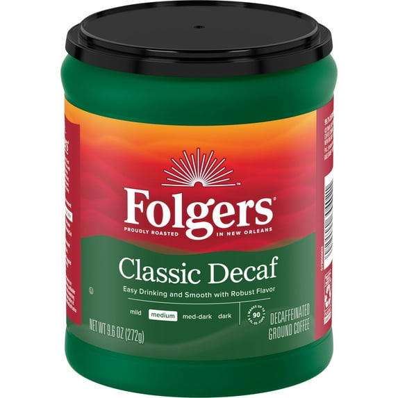 Folgers Decaf Coffee, Ground Coffee, Classic Medium Roast, 9.6 oz Canister Main image