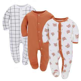 Buy orange-bear-grid Baby Jumpsuit Long Sleeve Romper