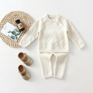 Buy white Children&#39;s Knitted Love Solid Color Sweater And Pants Set