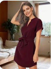 Buy wine-red Women V-neck Short Sleeve Dress With Belt