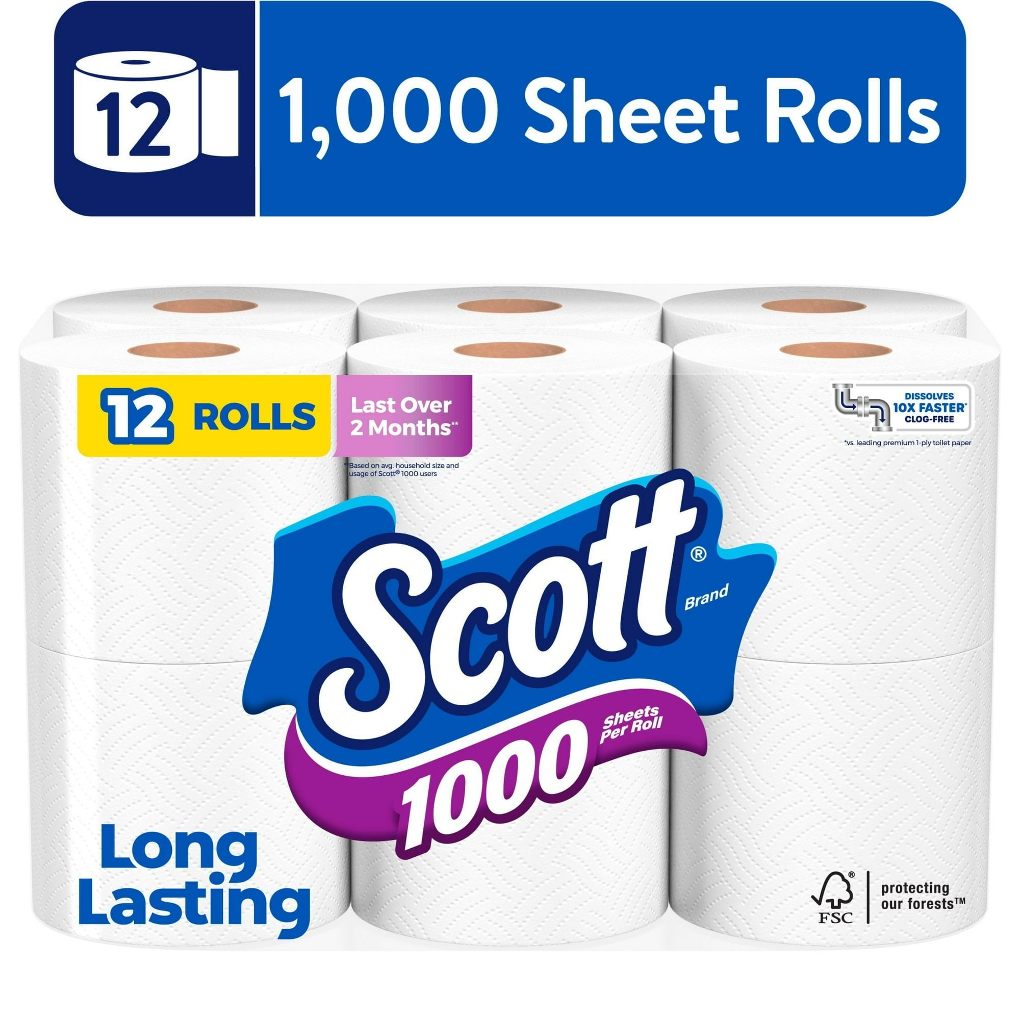 Scott 1000 Toilet Paper, 12 Rolls, 1,000 Sheets per Roll Main image
