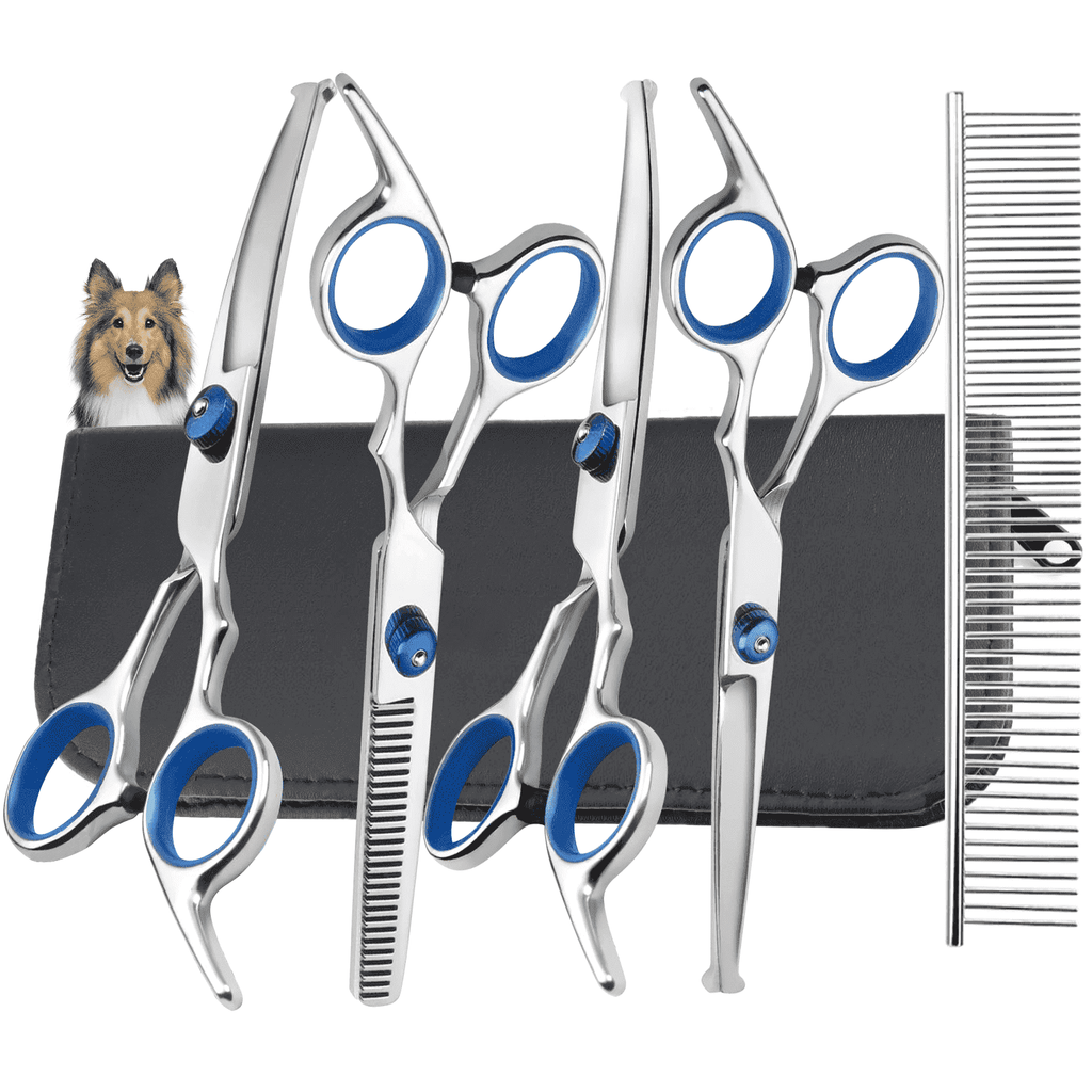 XUEYU 6-in-1 Dog & Cat Grooming Scissors Kit – Stainless Steel, Sharp, Safety Tips (Blue)