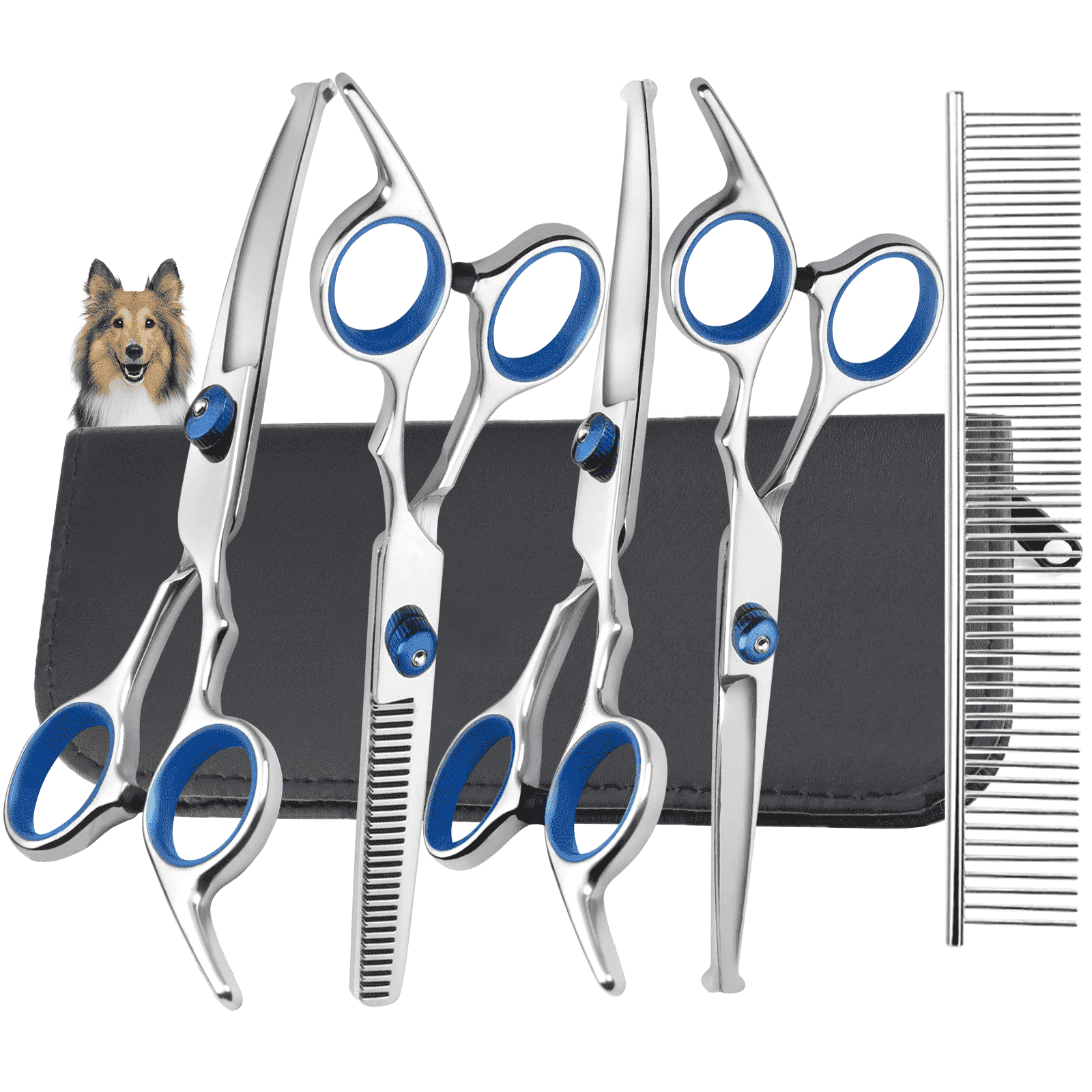 XUEYU 6-in-1 Dog & Cat Grooming Scissors Kit – Stainless Steel, Sharp, Safety Tips (Blue)