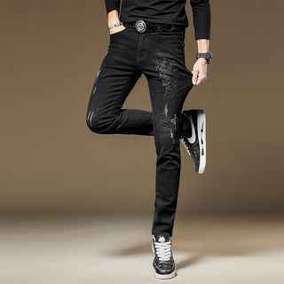 Embroidered Jeans Men's Slim Fit Ankle Tight Trousers