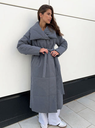 Buy dark-grey Fashion Large Lapel Long Coat Winter Warm Cotton Jacket With Pockets And Lace-up Design Casual Solid Color Thick Coat For Women