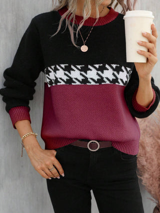 Buy rose-red Contrast Color Pullover Round Neck Knitted Sweater Fashion Geometry Pattern