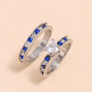 Buy sapphire-blue-kc-gold-wr068 New Simple Retro 2-Piece Set Diamond Love Heart-shaped Ring Suit