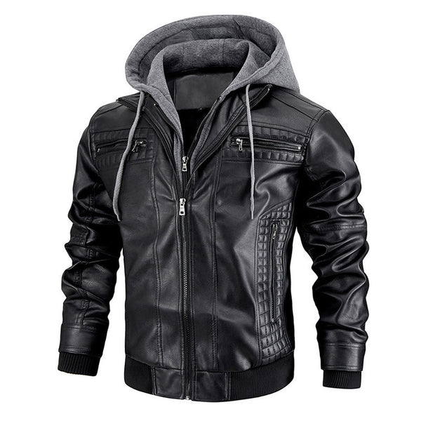 Hooded Jacket With Zipper Pockets Fashion Warm Pu Leather Coat