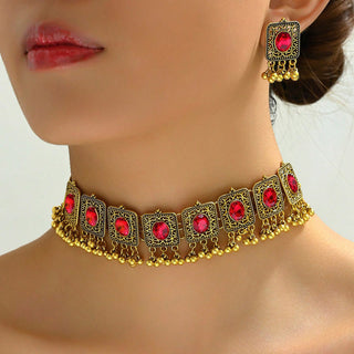 Buy b9033-red Indian Ethnic Style Vintage Gemstone Beads Jewelry Earrings Necklace 2 Pieces Suit