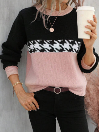 Buy pink Contrast Color Pullover Round Neck Knitted Sweater Fashion Geometry Pattern