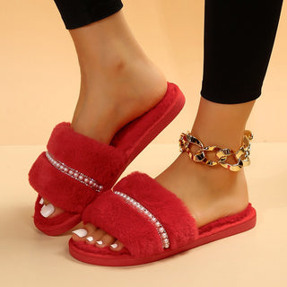 Fashion Solid Color Plush Slippers With Pearl