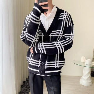 Buy black Striped Knitted Cardigan Coat Retro Men