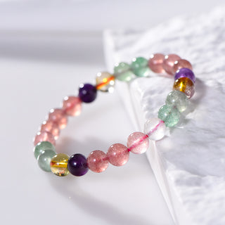 Natural Strawberry Quartz Round Beads Single Circle Bracelet Rainbow Color