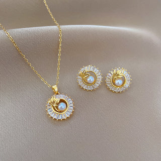 Fashion Jewelry Square Full Diamond Personalized Round Ring Leaves Necklace And Earrings Suite