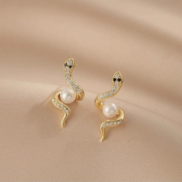 Exquisite Full Rhinestone Zircon Simulated Snakes Bead Stud Earrings For Women