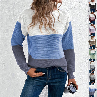 Pullover Knitted Sweater Fashion Round Neck Splicing Knitwear Loose Top Women's Clothing