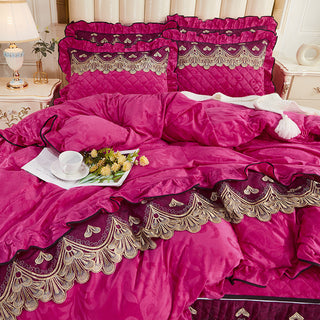 Buy rose-red Detachable Bedding Four-piece Duvet Cover Bed Skirt