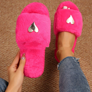 Buy rose-red Women Fluffy Slipper Home Fur Furry Slippers