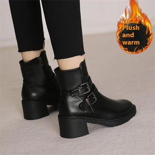 Buy black-plus-velvet Black Belt Buckle Round Toe Mid Heel Short Boots For Women