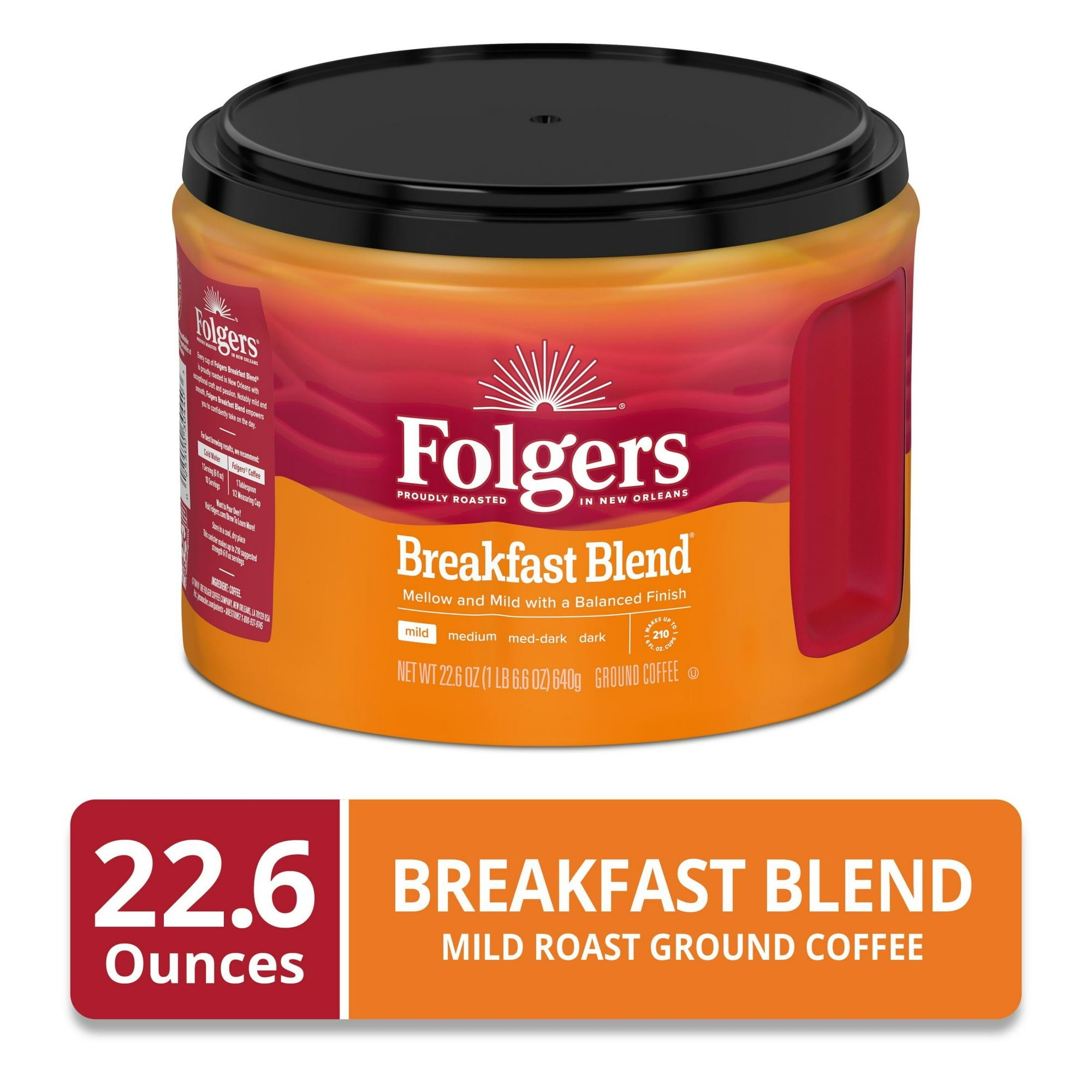 Folgers Breakfast Blend Ground Coffee, Mild Roast, 22.6 oz Canister